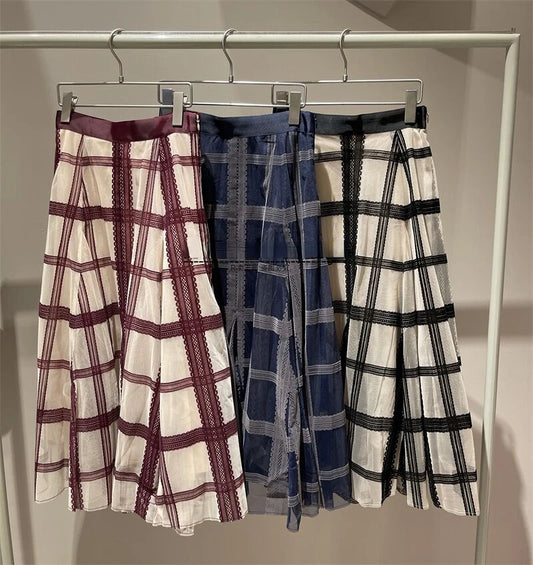Kuzuwata Autumn Winter Faldas Mujer Moda 2023 Sweet Long Contrast Color Plaid Mesh Skirt Japanese High Waist Slim A-line Jupe