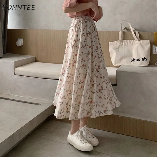Skirts Women Summer Floral Cozy Girls Leisure Chic High-waist Simple Office Lady Daily Holiday Female A-line Midi Korean Version